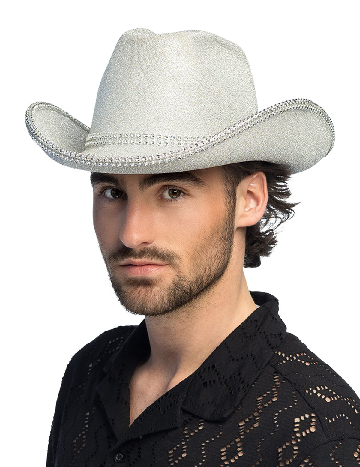 Vue de face du chapeau de cowboy pour adulte à paillettes argentées