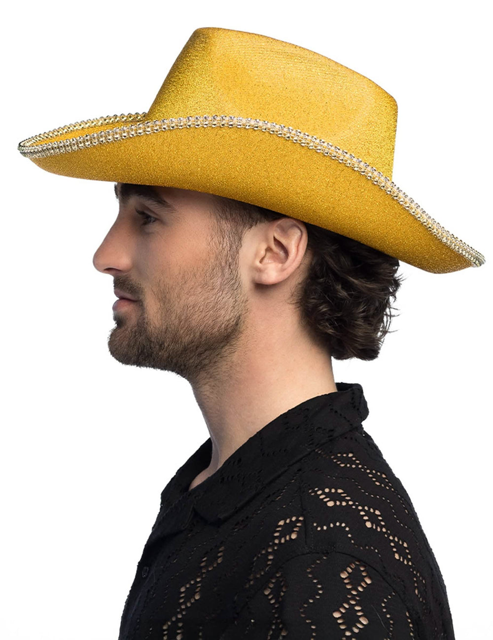 Vue de profil du chapeau cowboy pour adulte à paillettes dorées