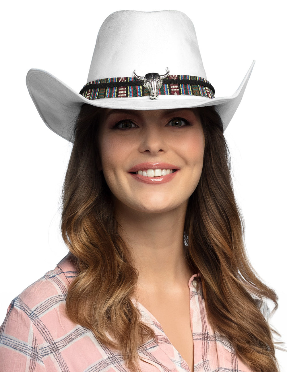 Chapeau de cowboy à tête de buffle pour adulte blanc avec galon coloré
