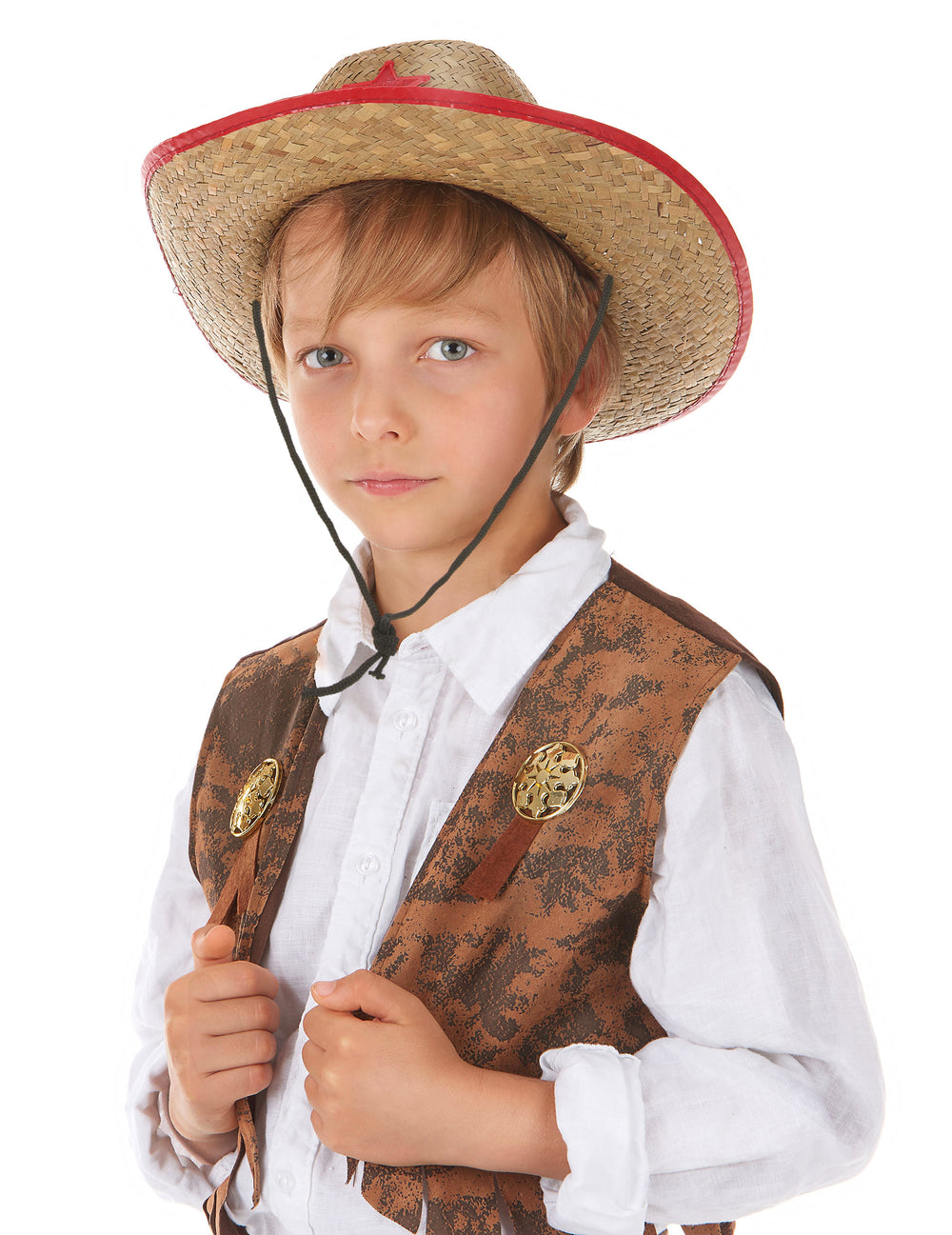 Chapeau cowboy de l'ouest en paille pour enfant avec bord rouge et étoile