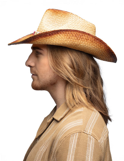 Vue de profil du chapeau cowboy pour adulte en paille avec perles roses et blanches