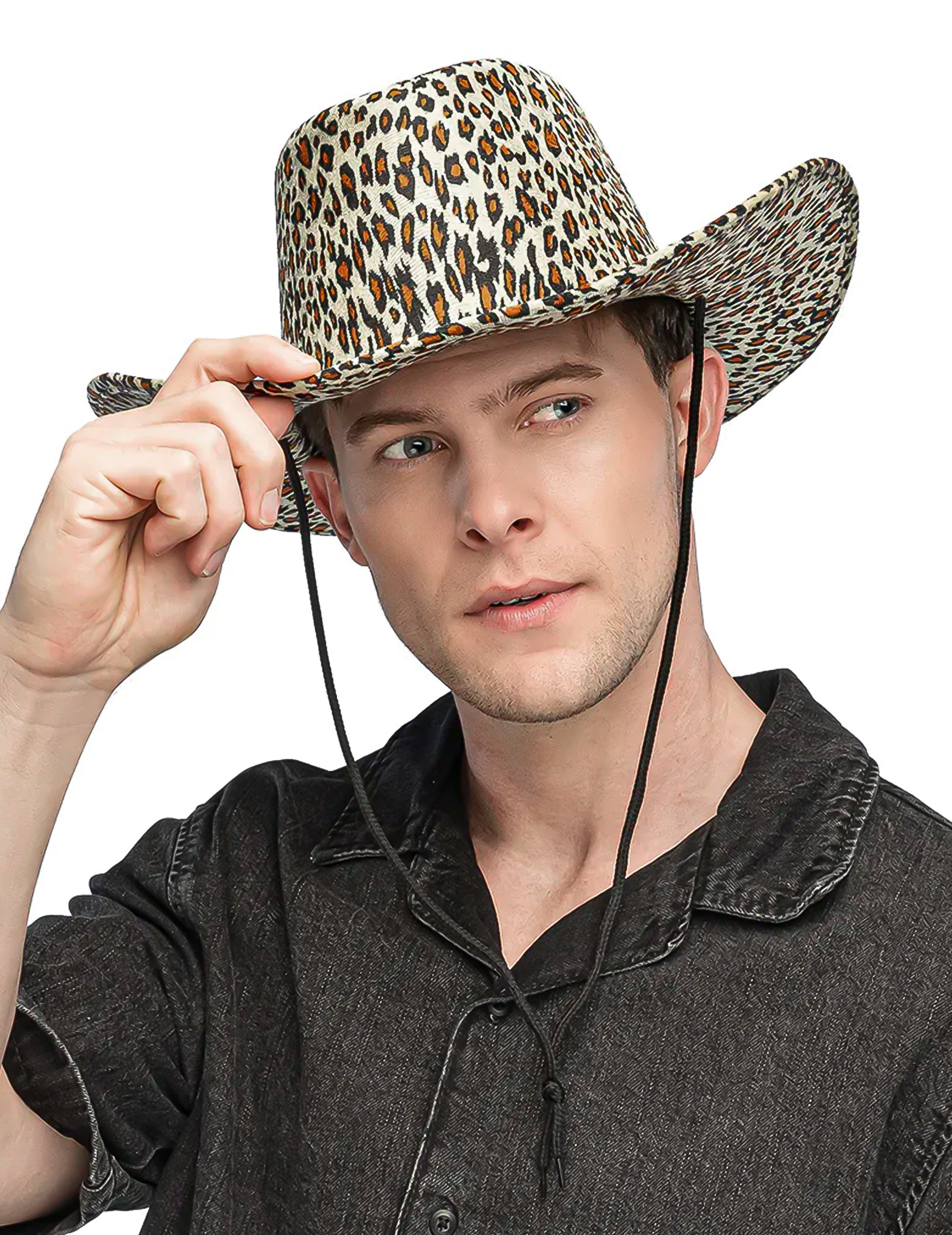 Chapeau cowboy léopard pour homme avec cordon noir