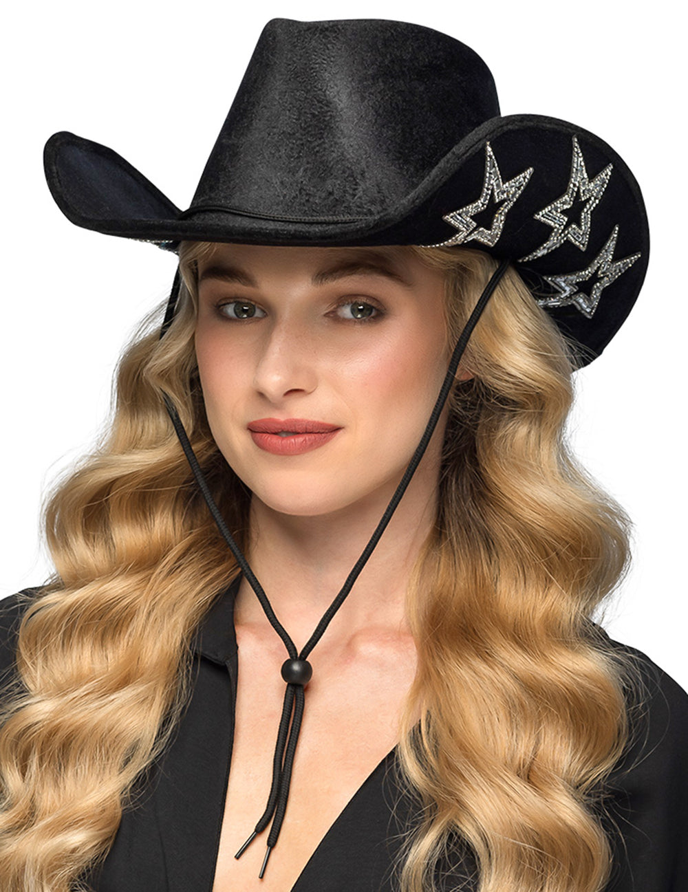 Gros plan du chapeau de cowboy noir avec étoiles argentées pour adulte