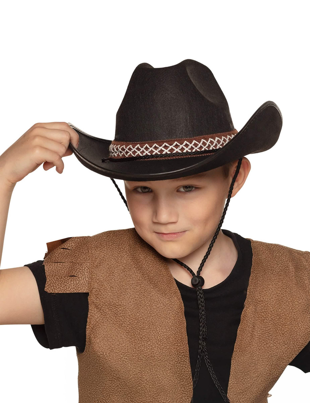 Chapéu de cowboy para criança preto com debrum castanho e branco