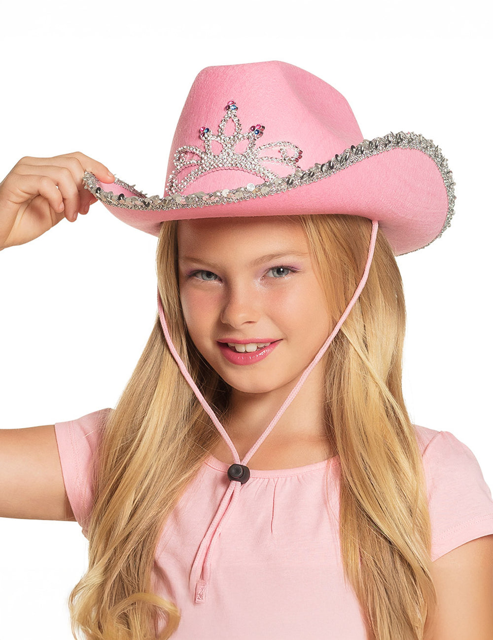 Chapeau de cowgirl princesse pour fille rose avec diadème et sequins argentés