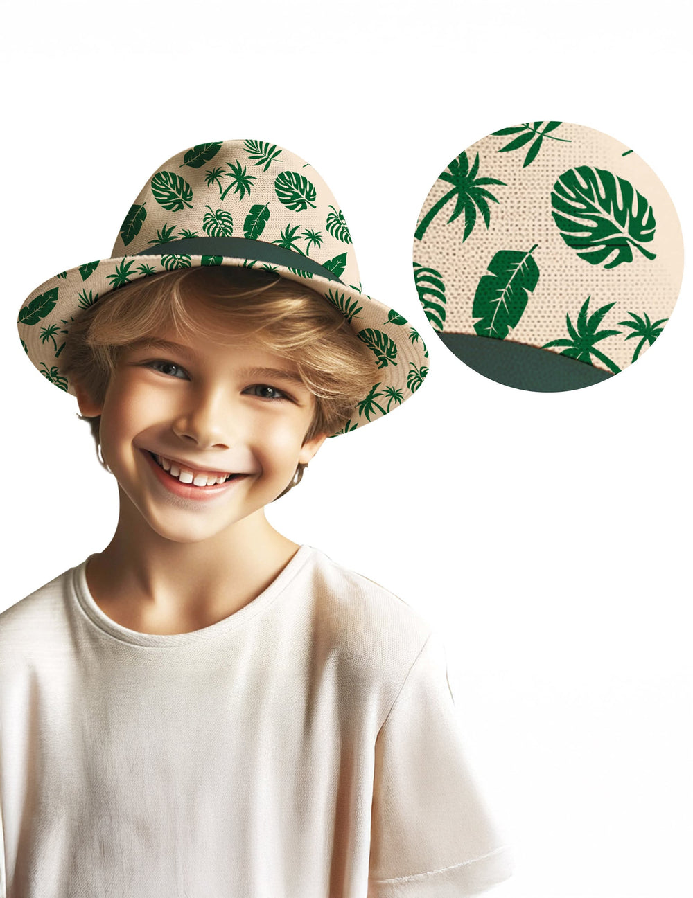 Chapeau d'été motif feuille pour enfant beige et vert