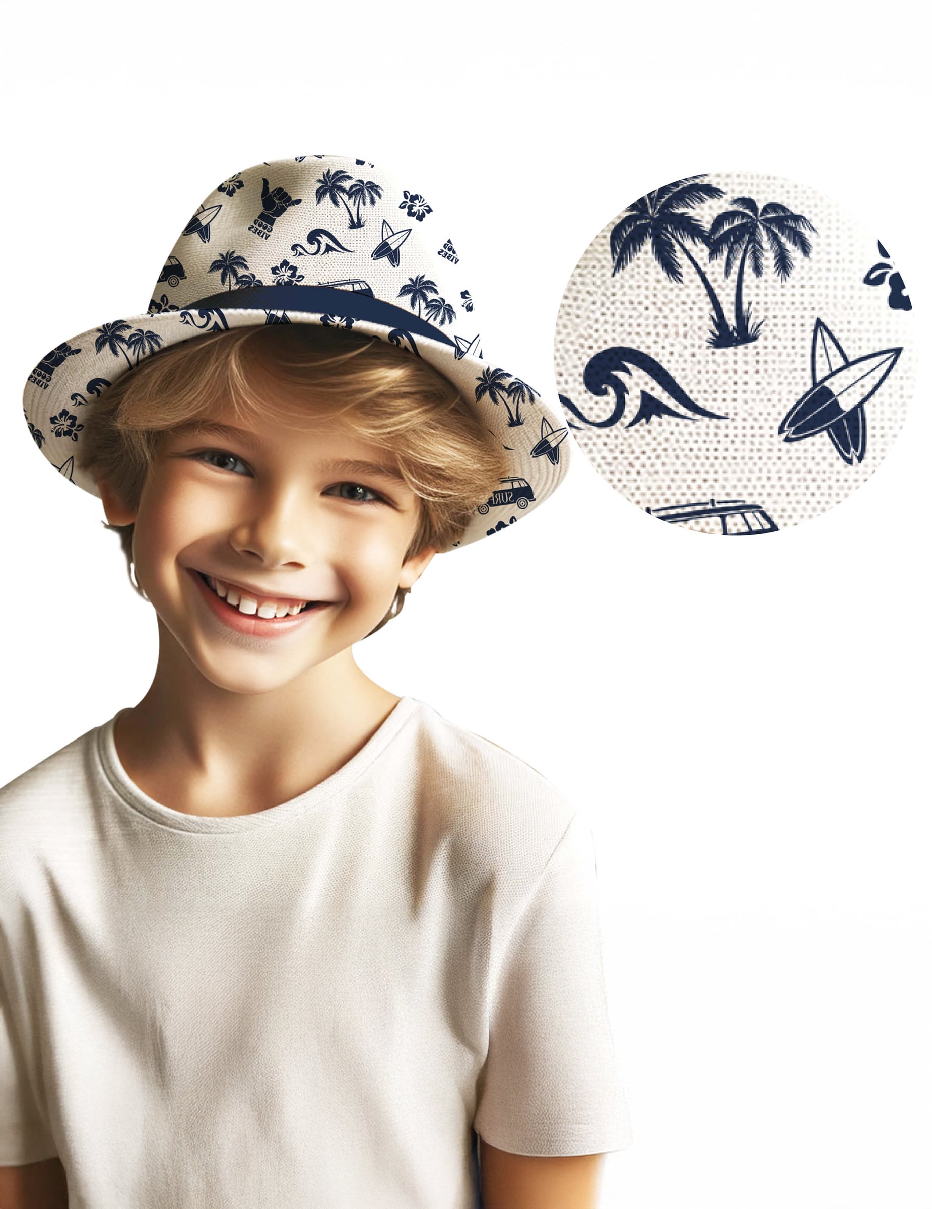 Chapeau d'été motif surf pour enfant blanc et bleu