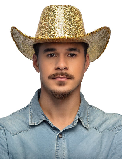 Vue de face du chapeau de cowboy à sequins pour adulte doré