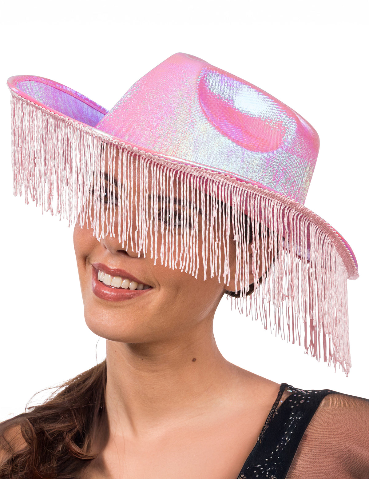 Chapeau de cowboy irisé rose avec franges pour adulte