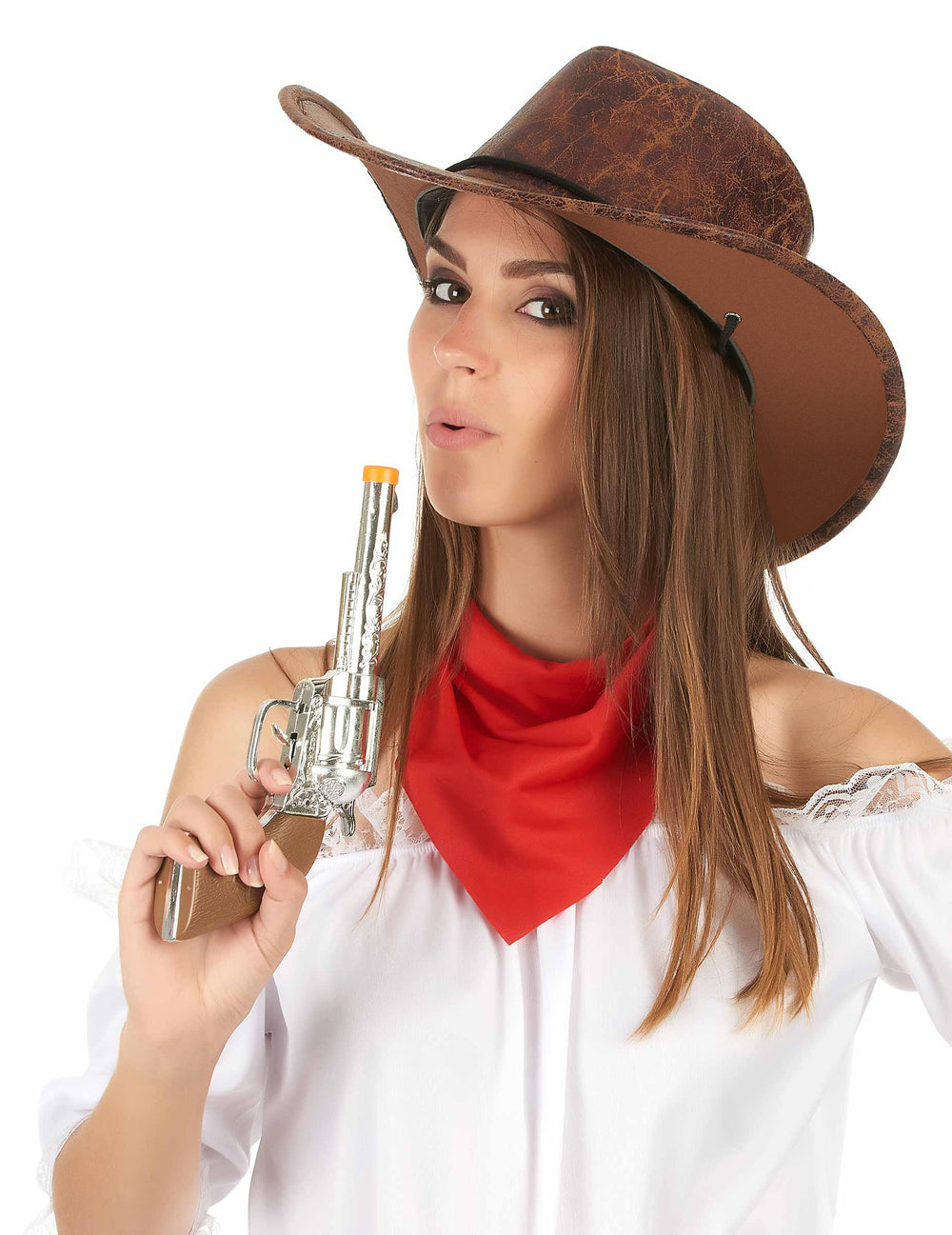 Vue de face portée du chapeau de cowboy pour adulte marron imitation cuir