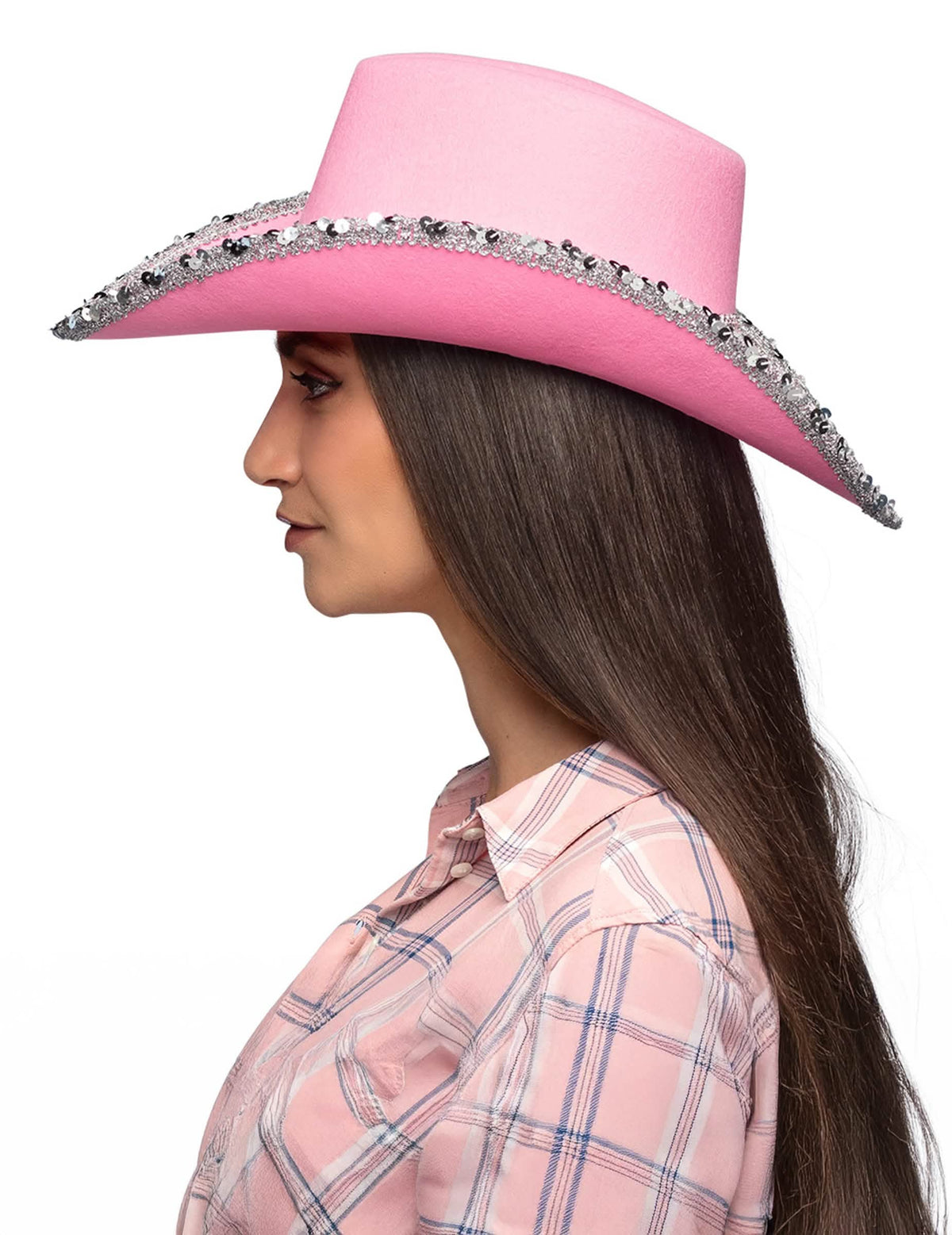 Vue de profil du chapeau de cowboy rose clair à strass