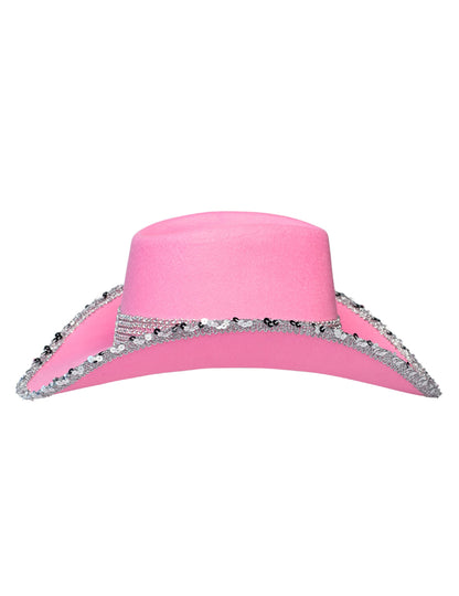 Vue de côté du chapeau de cowboy rose clair à strass