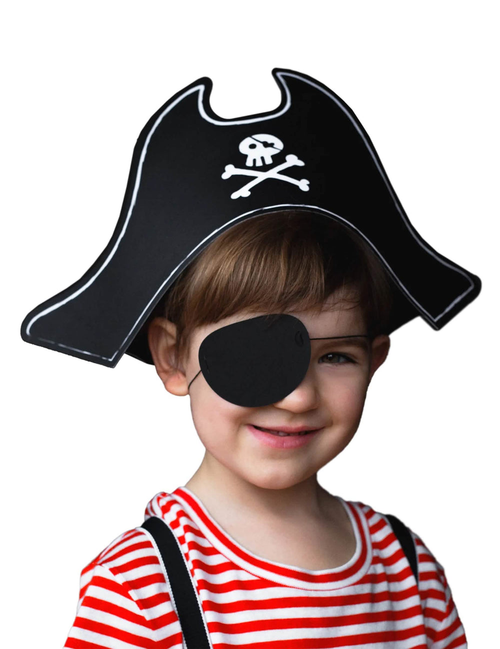 Chapéu de pirata e tapa-olho para criança preto com motivo de caveira branco