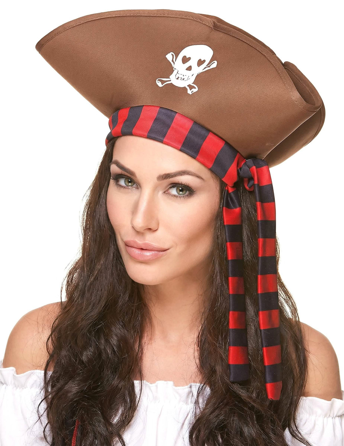 Chapéu de pirata adulto castanho com bandana às riscas vermelho e preto e caveira