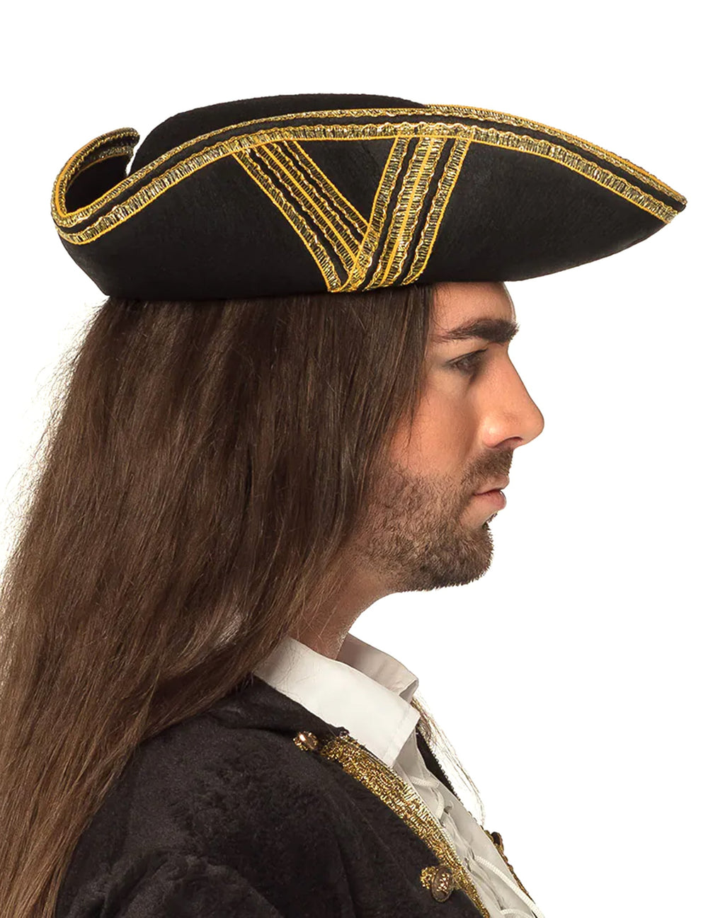 Vue de profil du chapeau de pirate pour adulte noir à liseré or