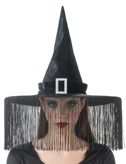 Chapéu de bruxa preto com franjas adulto