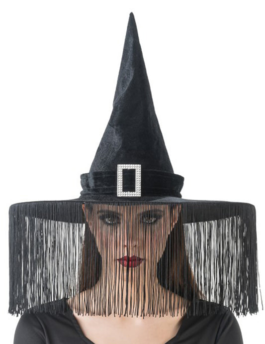 Chapéu de bruxa preto com franjas adulto