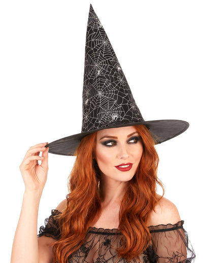 Chapéu de bruxa preto com teia de aranha branca adulto