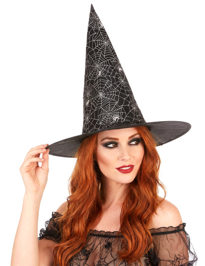 Chapéu de bruxa preto com teia de aranha branca adulto