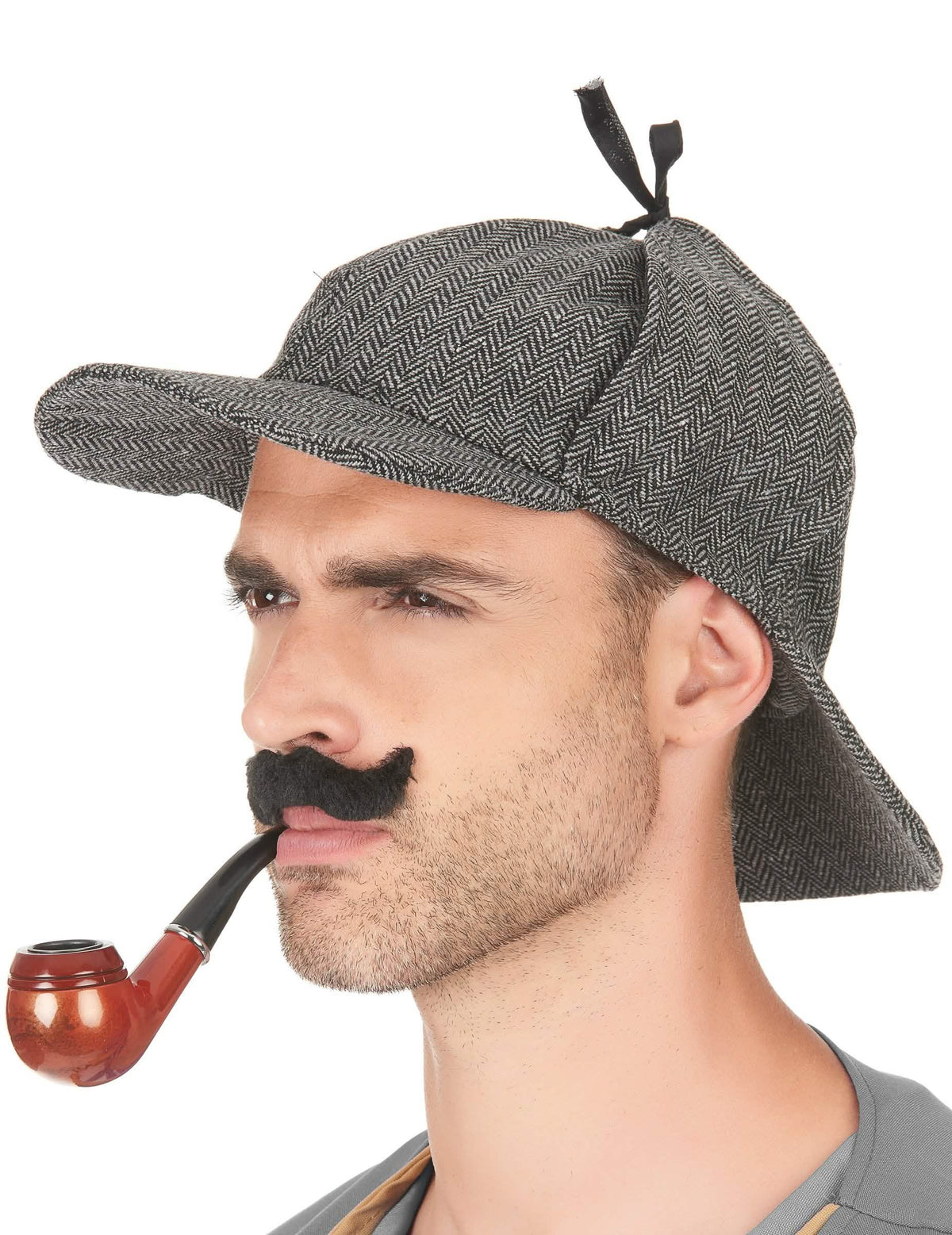 Chapéu de detetive inglês para adulto cinzento com padrão de espinha de peixe