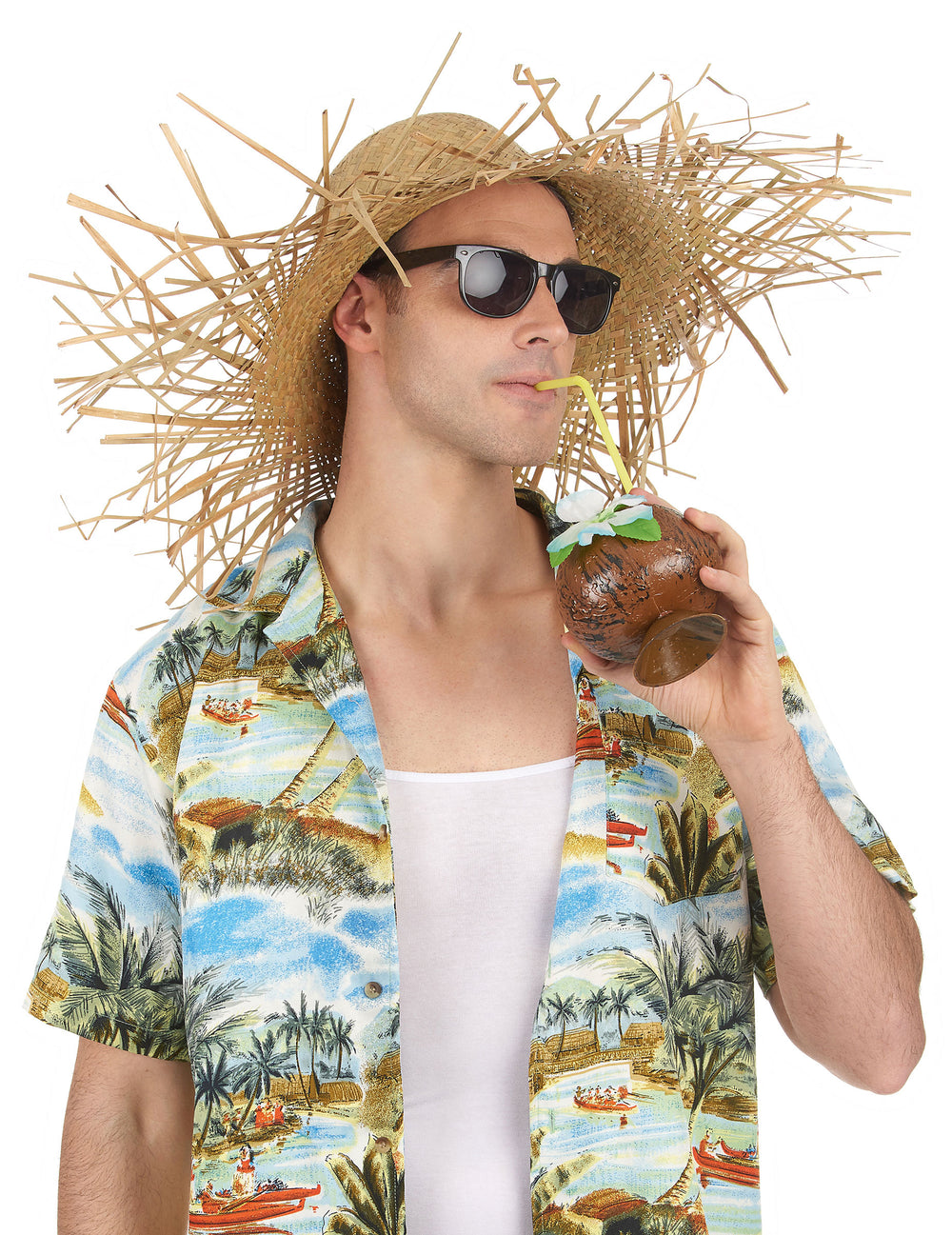 Vue de face du chapeau en paille Hawaï porté avec accessoires
