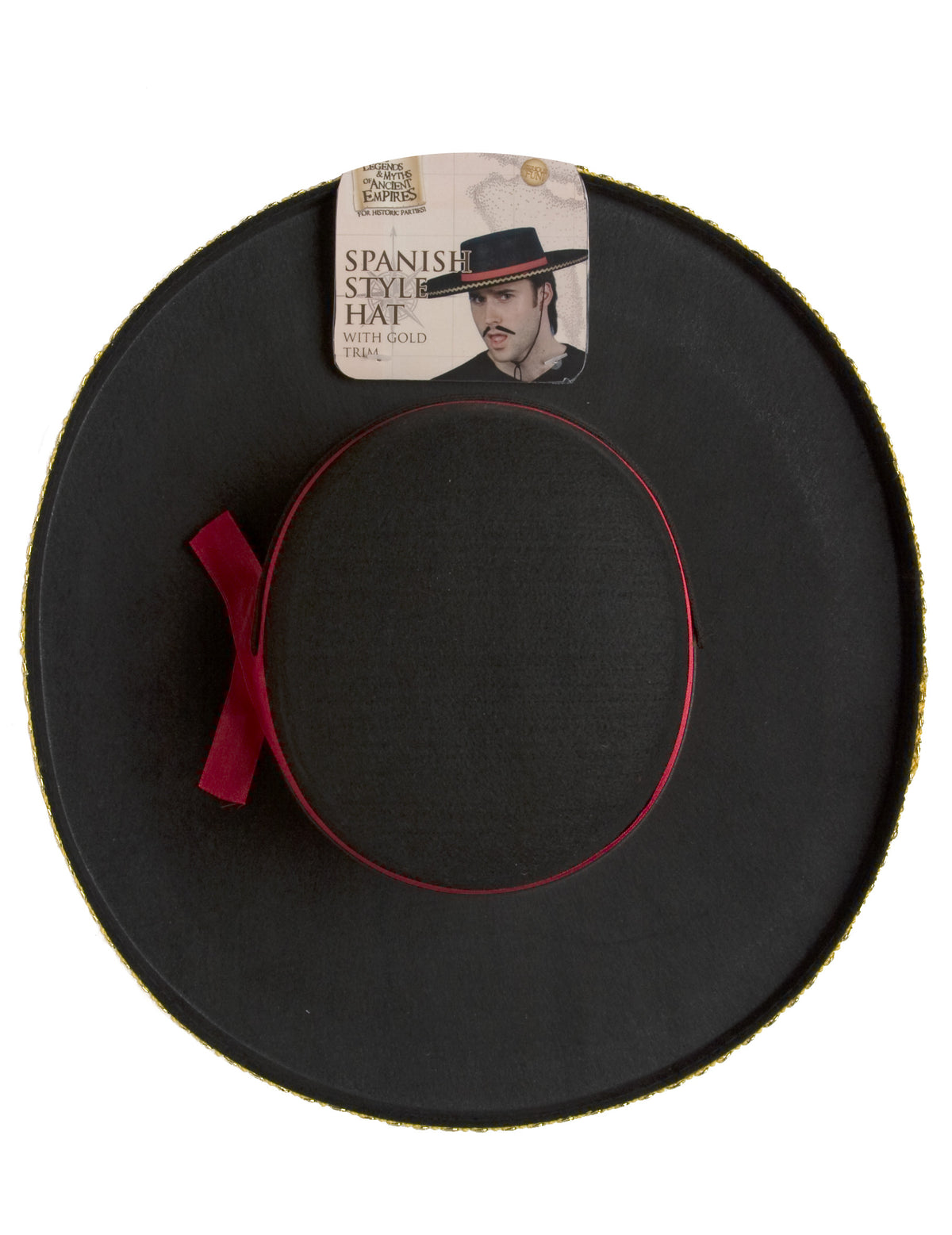Chapeau espagnol pour adulte noir avec ruban rouge et bordure dorée