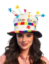 Chapeau happy birthday pour adulte blanc avec motifs multicolores et étoiles