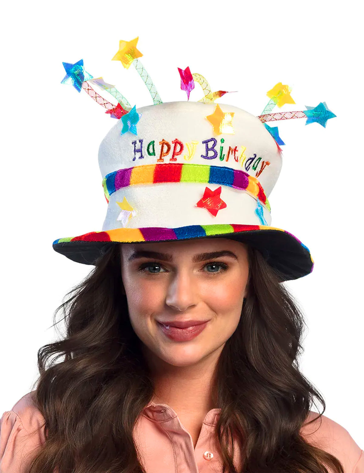 Chapeau happy birthday pour adulte blanc avec motifs multicolores et étoiles