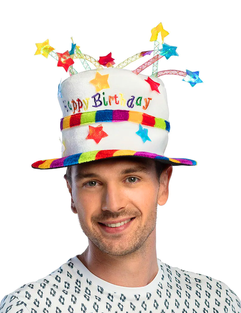 Vue de face portée du chapeau happy birthday pour adulte
