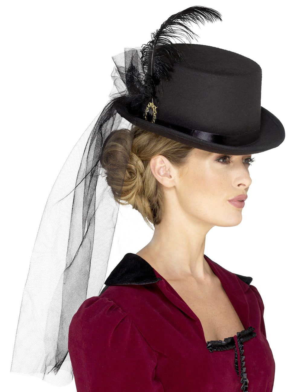 Chapeau haut de forme Steampunk pour femme noir avec voile et plume