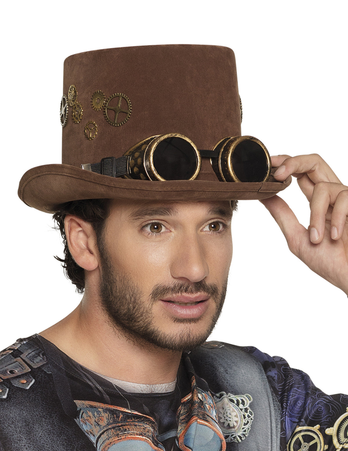 Chapeau haut de forme Steampunk pour adulte marron avec rouages et lunettes