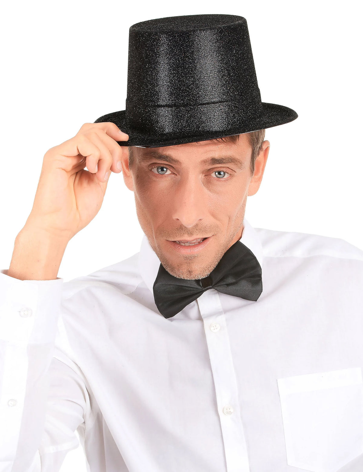 Vue de face porté du chapeau haut de forme pour adulte noir en plastique pailleté
