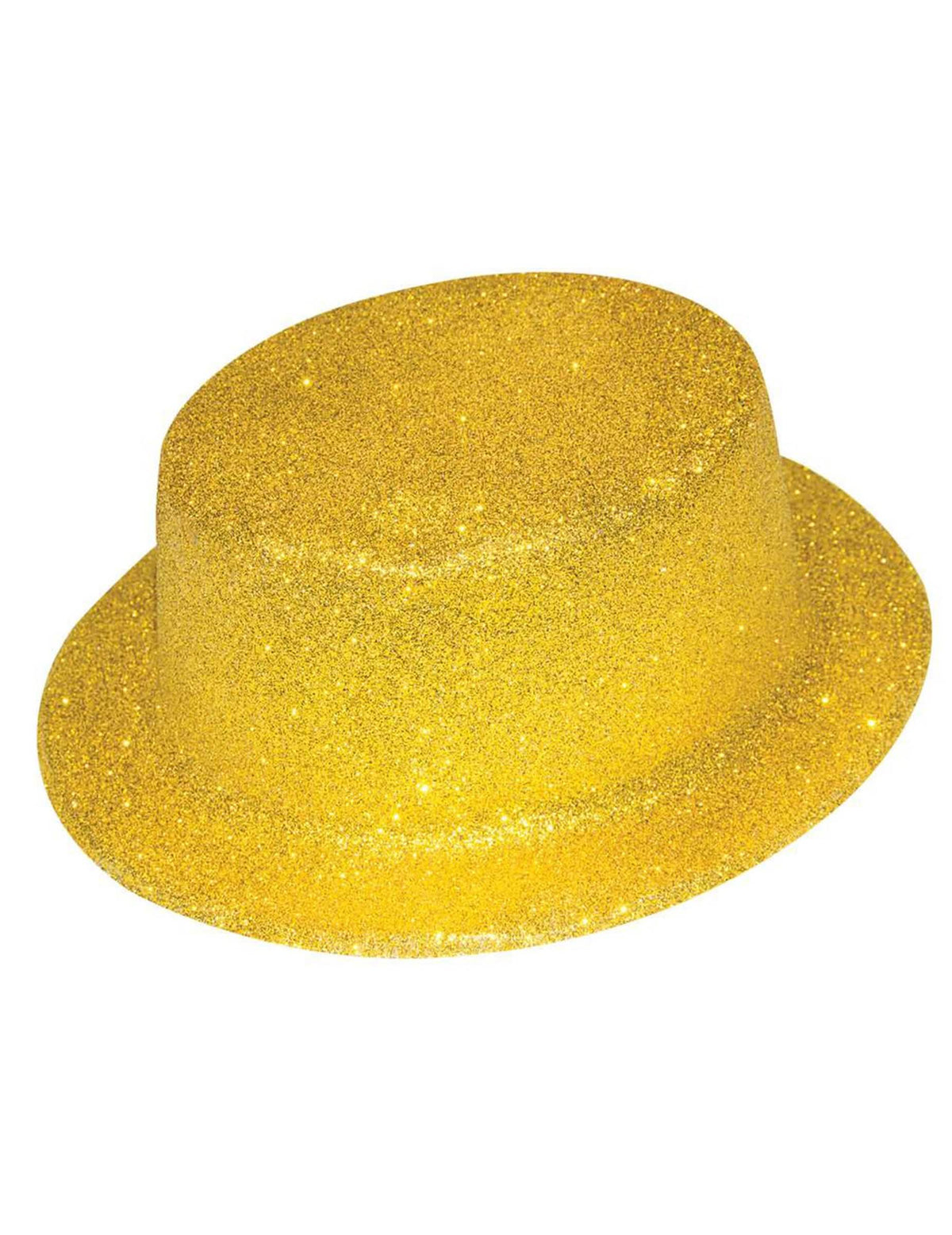 Vista de três quartos da cartola de plástico dourado