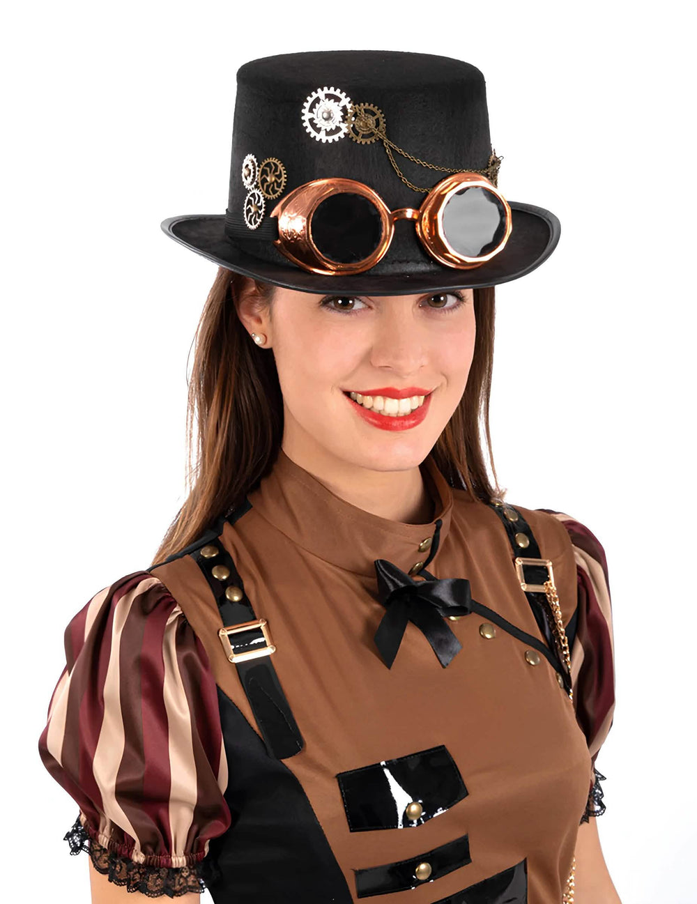 cartola steampunk para adulto preto em feltro com óculos e engrenagens