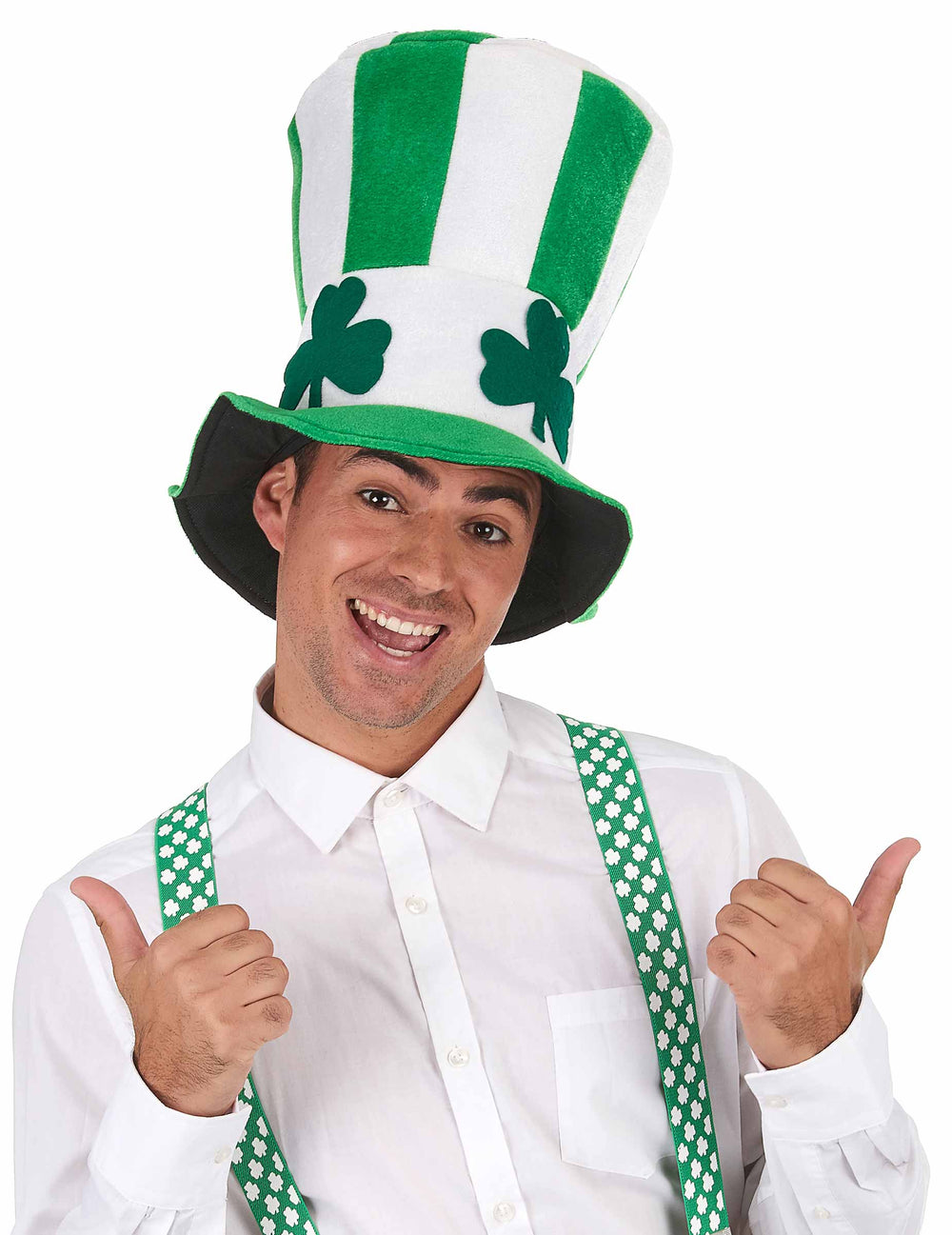 Chapeau haut de forme trèfle pour adulte vert et blanc à rayures