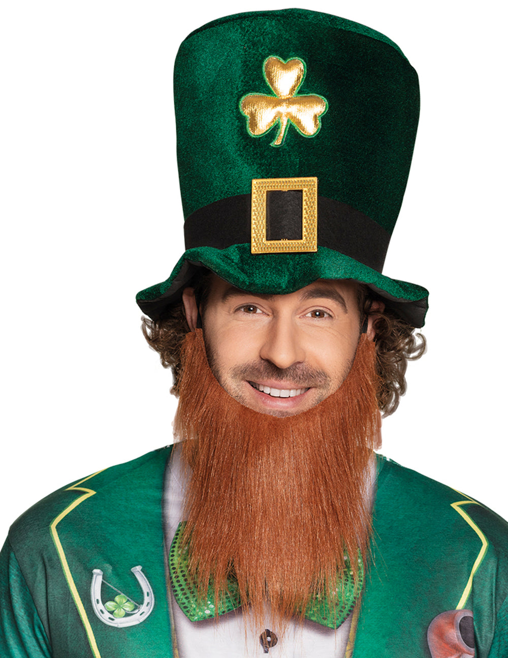 Chapeau haut de forme Saint Patrick pour adulte vert avec trèfle doré et barbe rousse