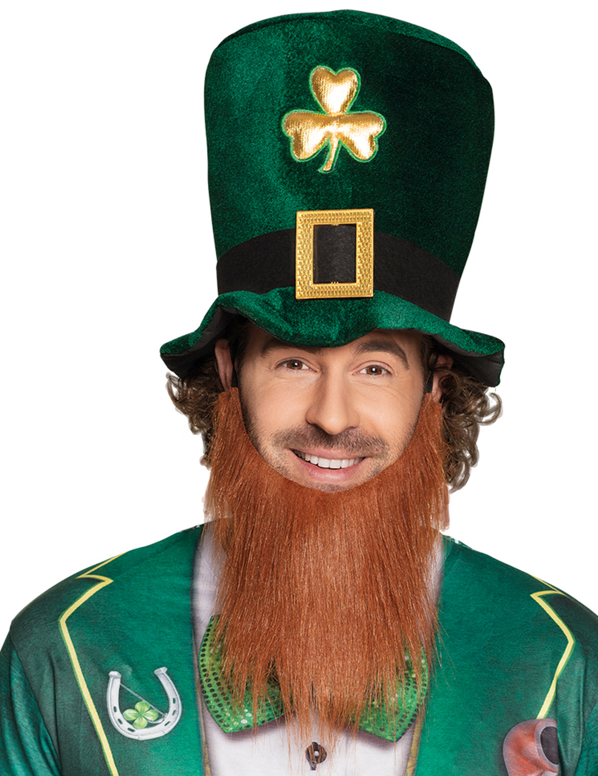 Chapeau haut de forme Saint Patrick pour adulte vert avec trèfle doré et barbe rousse
