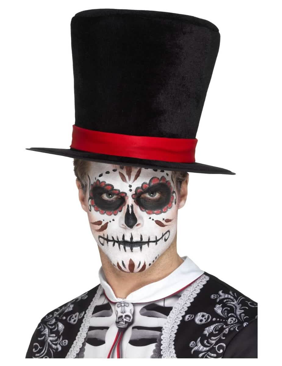 cartola de veludo Dia de los Muertos para adulto preto com fita vermelha