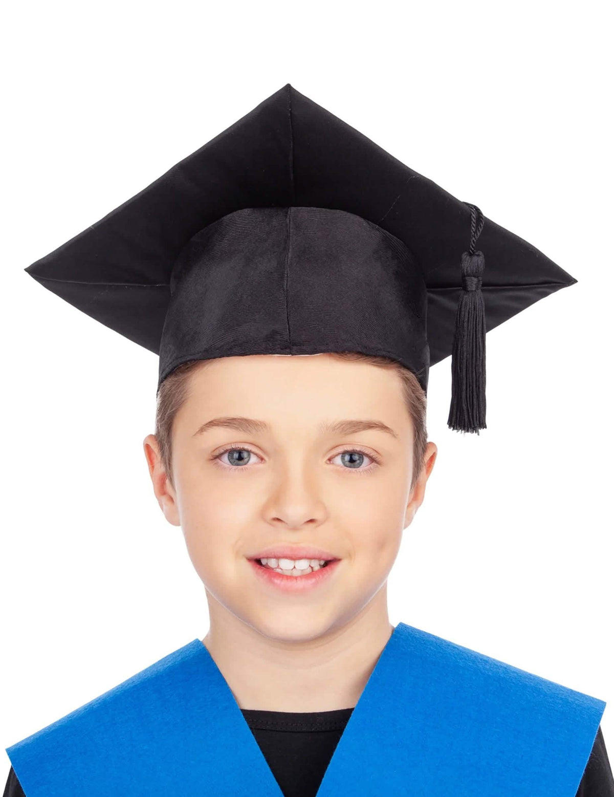 Chapéu de jovem diplomado para criança preto com pompom e gola azul