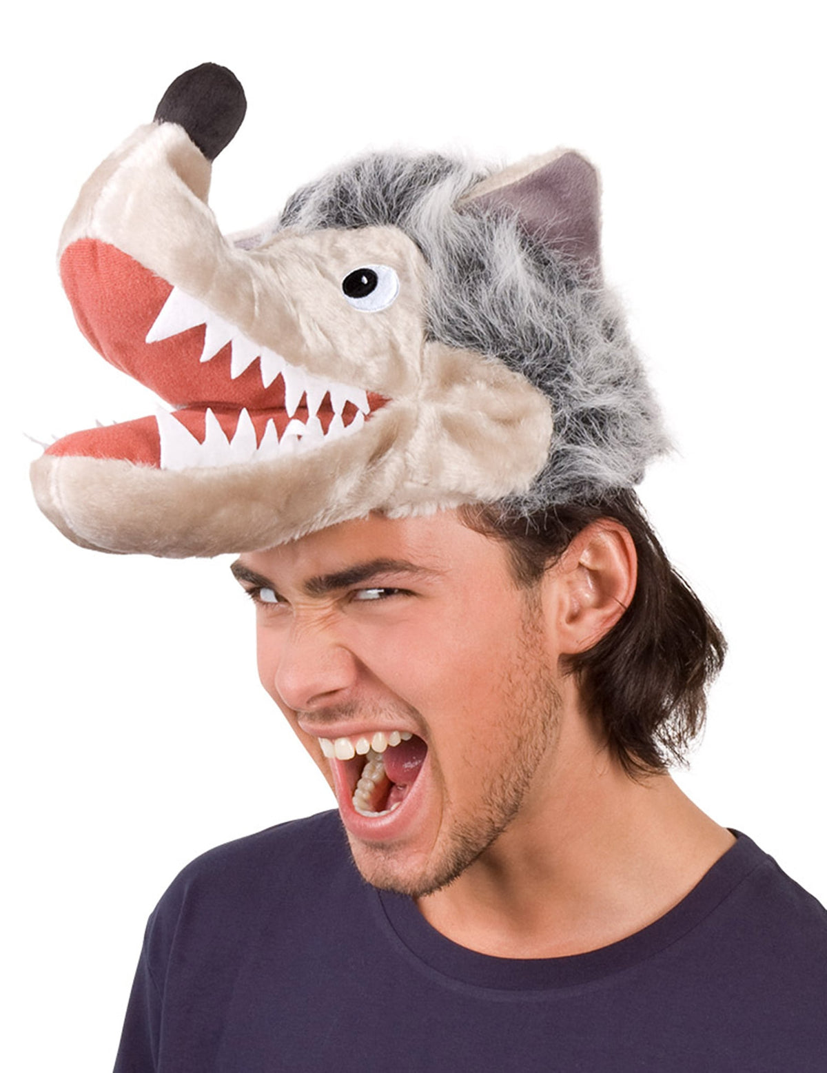 Chapeau loup pour adulte gris et beige en peluche