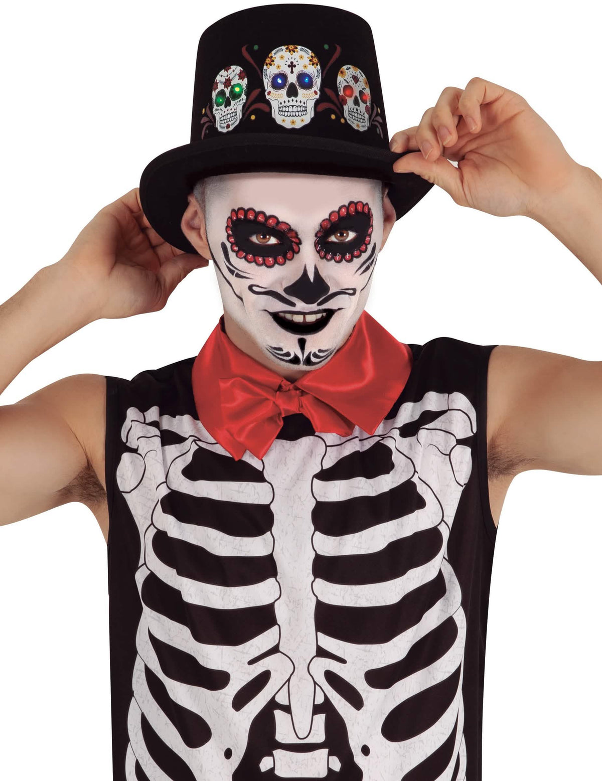 Chapéu luminoso Dia de los muertos para adulto preto com caveiras