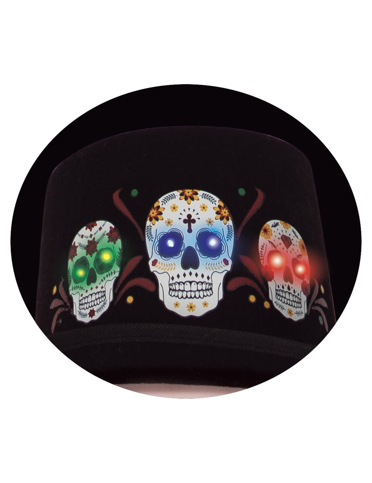 Plano aproximado das caveiras luminosas do chapéu luminoso Dia de los muertos
