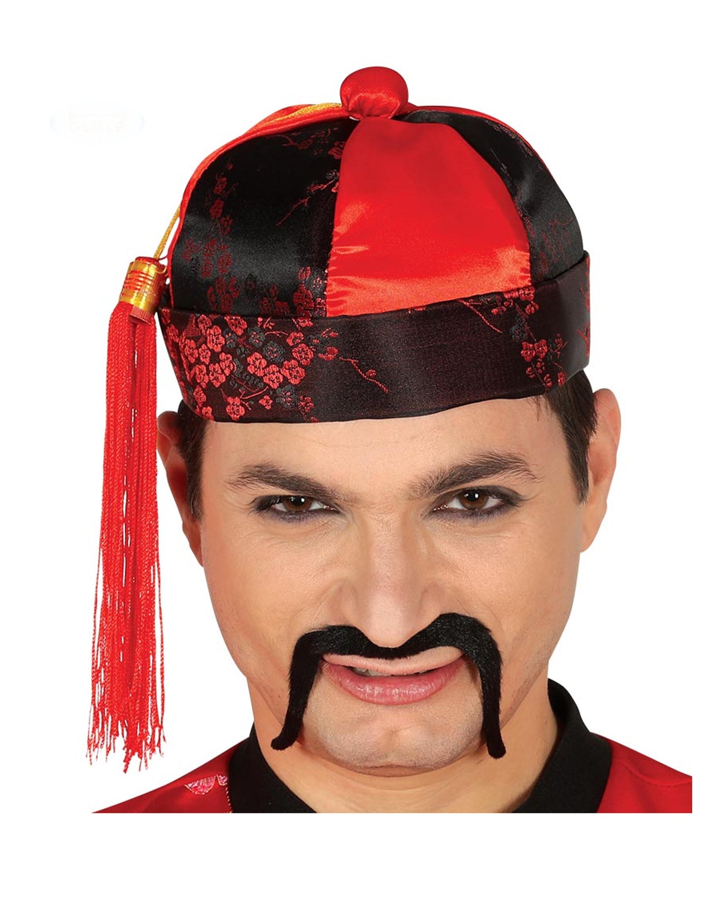 Chapeau mandarin pour homme rouge et noir avec pompon et gland latéral