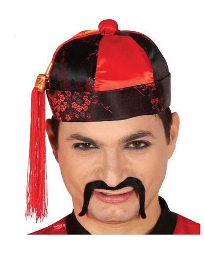Chapeau mandarin pour homme rouge et noir avec pompon et gland latéral