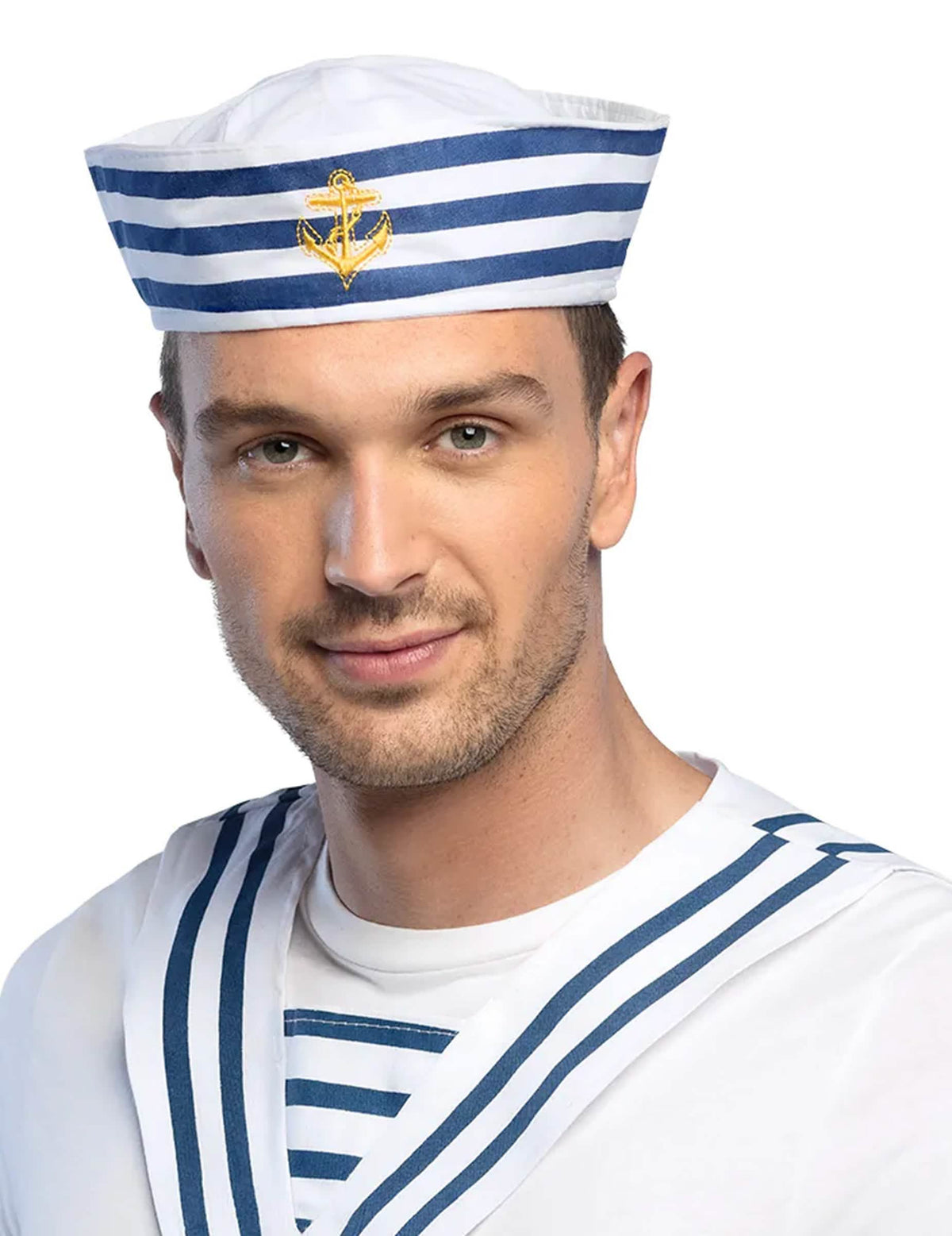 Chapéu de marin às riscas para adulto branco e azul com âncora dourada