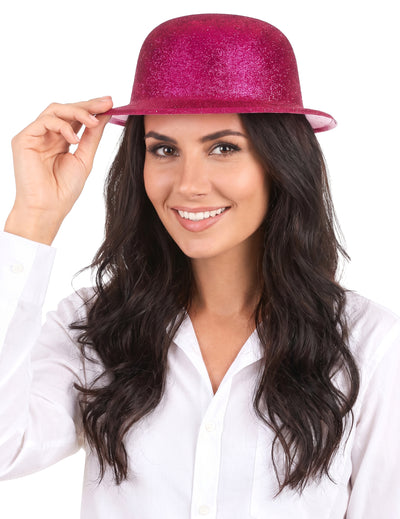 Chapéu coco brilhante fuschia plástico adulto
