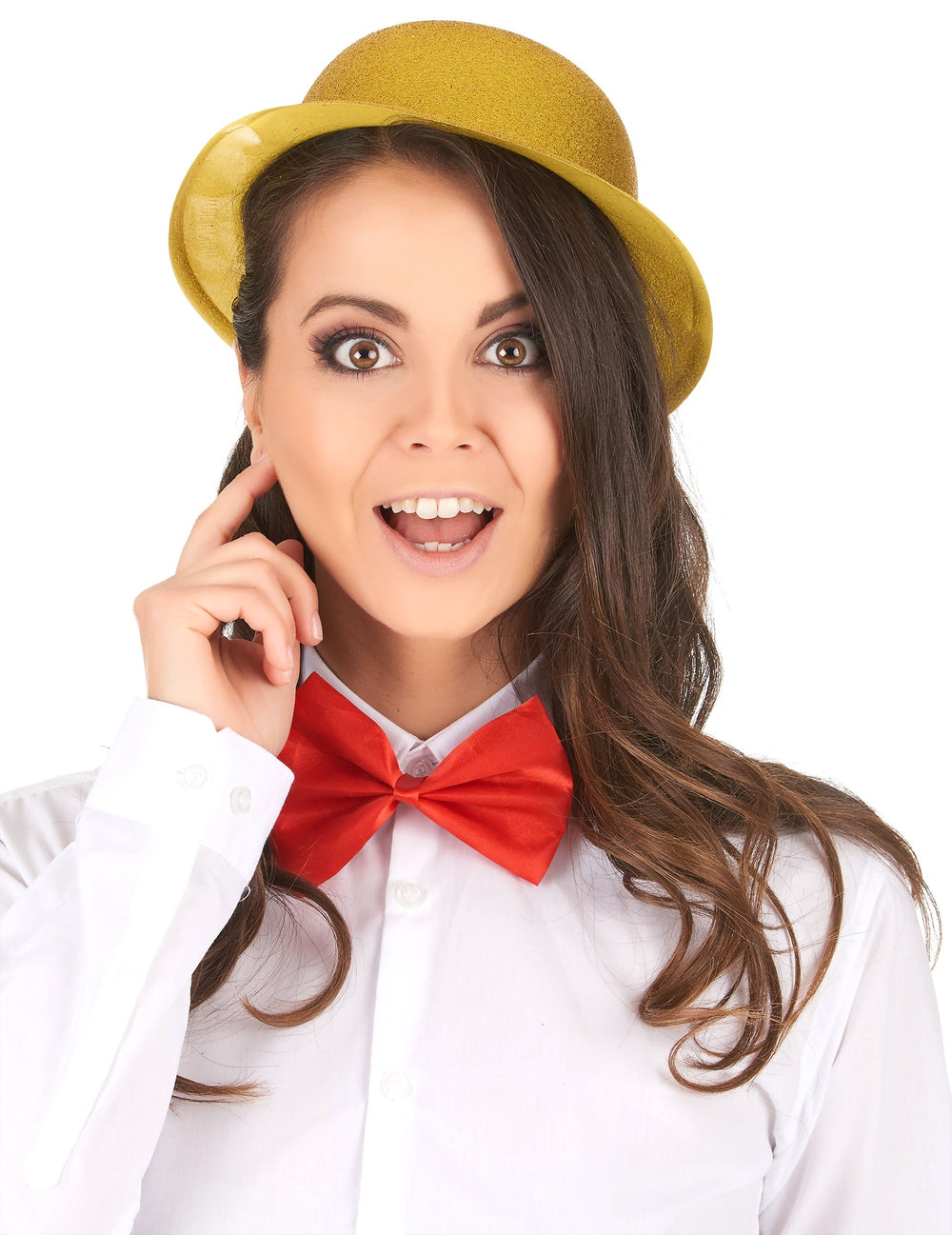 Vue de face du chapeau melon pailleté pour adulte doré