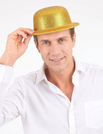 Chapéu coco plástico brilhante dourado adulto