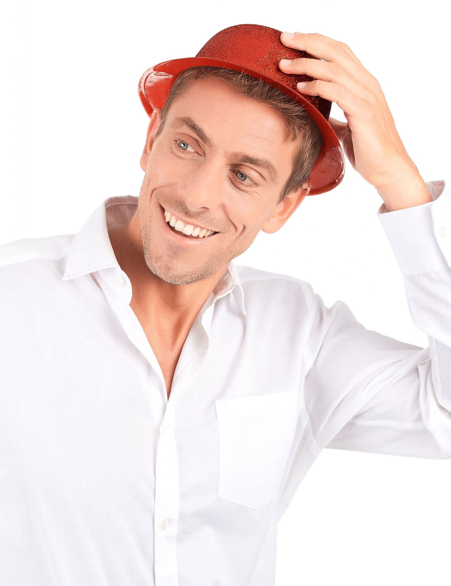 Vue de face du chapeau melon plastique pailleté pour adulte rouge