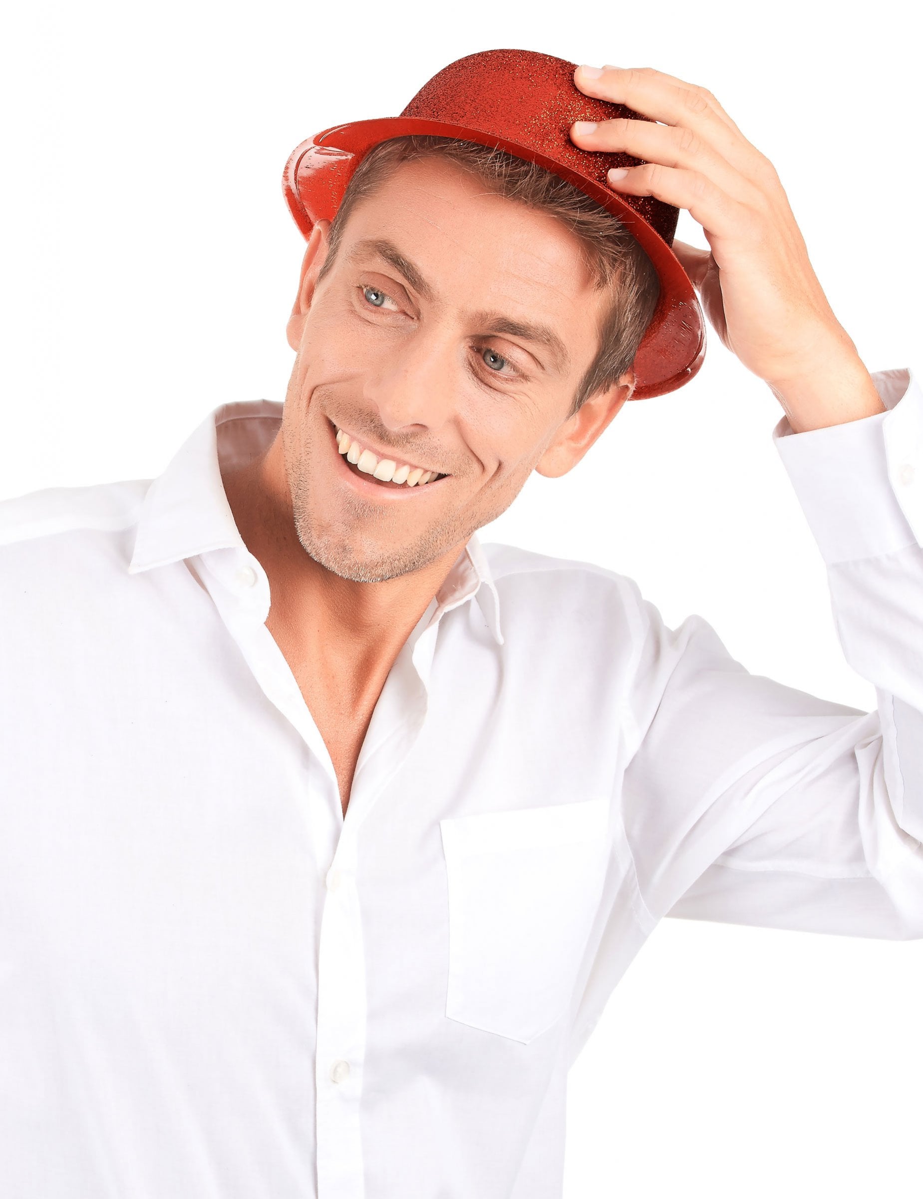 Vue de face du chapeau melon plastique pailleté pour adulte rouge